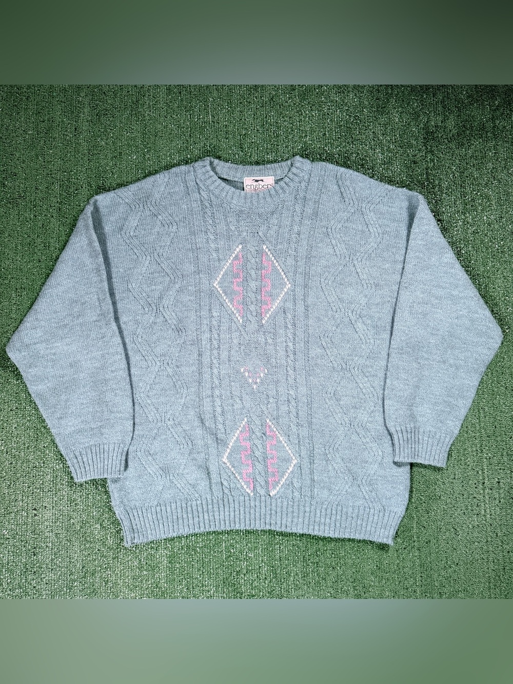 Vintage Engbers Sweater Light Green Cable Knit Pattern XXL